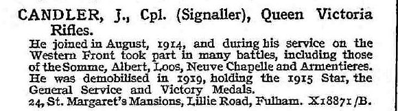 Candler J Cpl 9th London Regiment