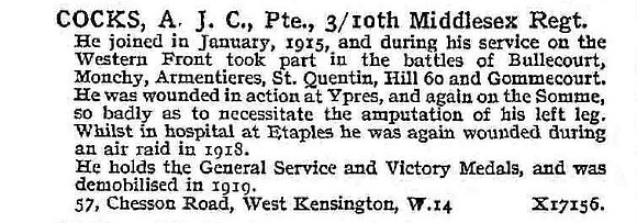 Cocks A J C Pte 10th Middlesex Regiment
