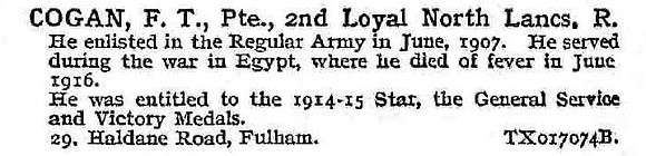 Cogan F T Pte 2nd Loyal North Lancs Regiment