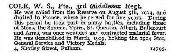 Cole W S Pte 3rd Middlesex Regiment