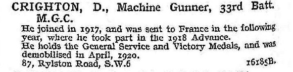 Crighton D Machine Gunner Machine Gun Corps