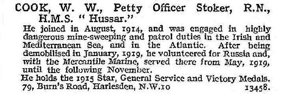 Cook W W Petty Officer Stoker HMS Hussar Royal Navy