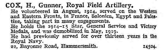 Cox H Gnr Royal Field Artillery