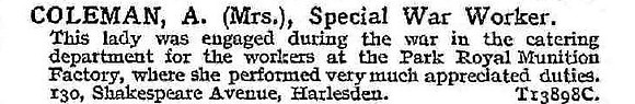 Coleman A Mrs Munitions Worker