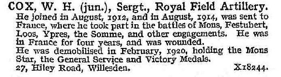 Cox W H Sergt Royal Field Artillery