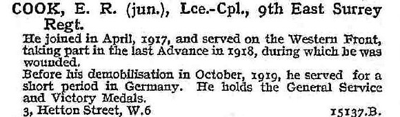 Cook E R L/Cpl 9th East Surrey Regiment