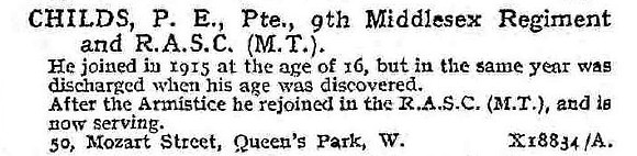 Childs P E Pte 9th Middlesex Regiment And Army Service Corps