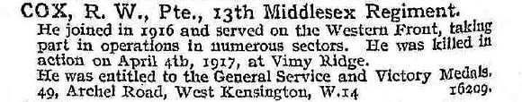 Cox R W Pte 13th Middlesex Regiment