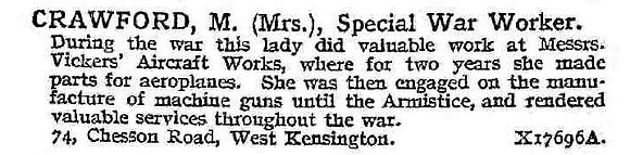 Crawford M Mrs Special War Worker