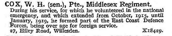 Cox W H Pte Midlesex Regiment