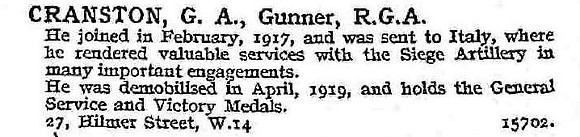 Cranston G A Gnr Royal Garrison Artillery