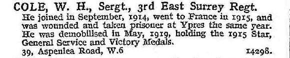 Cole W H Sergt 3rd East Surrey Regiment