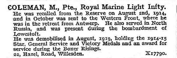 Coleman M Pte Royal Marine Light Infantry