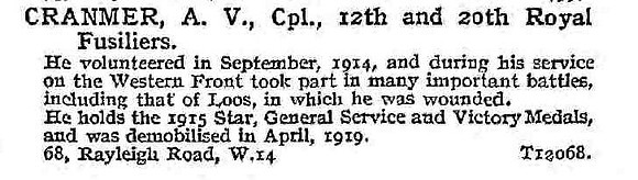 Cranmer A V Cpl 12th And 20th Royal Fusiliers