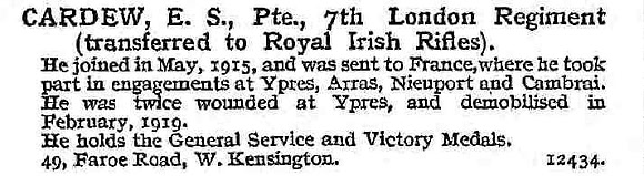 Cardew E S Pte 7th London Regiment Trans To Royal Irish Rifles