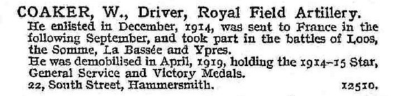Coaker W Dvr Royal Field Artillery
