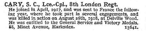 Cary S C L/Cpl 8th London Regiment