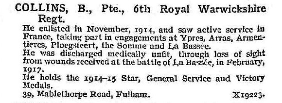 Collins B Pte 6th Royal Warwickshire Regiment