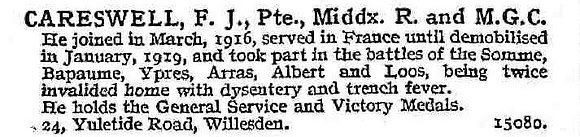 Careswell F J Pte Middlesex Regiment And Machine Gun Corps