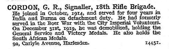 Cordon G R Sig 18th Rifle Brigade