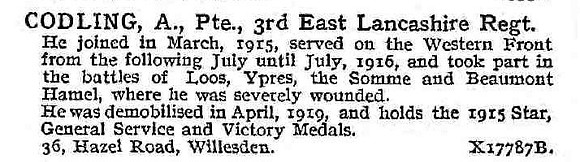 Codling A Pte 3rd East Lancs Regiment