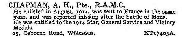 Chapman A H Pte Royal Army Medical Corps