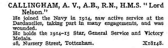 Callingham A V AB HMS Lord Nelson Royal Navy