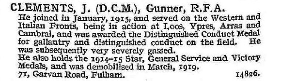 Clements J Gnr DCM Royal Field Artillery