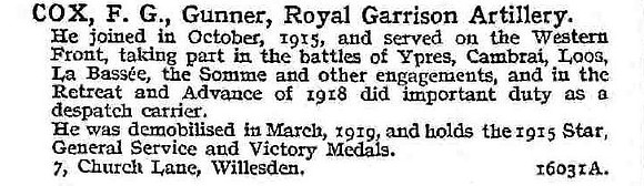 Cox F G Gnr Royal Garrison Artillery