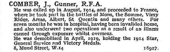 Comber J Gnr Royal Field Artillery