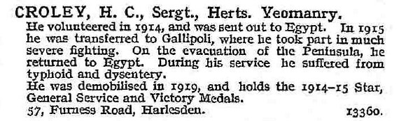 Croley H C Sergt Hertfordshire Yeomanry