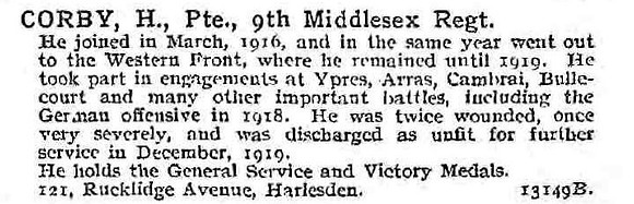 Corby H Pte 9th Middlsex Regiment