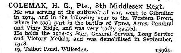 Coleman H G Pte 8th Middlesex Regiment