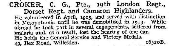 Croker C G Pte 19th London Regiment Dorset Regiment And Cameron Highlanders