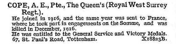 Cope A E Pte Queen's Royal West Surrey Regiment