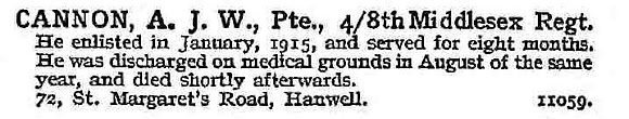 Cannon A J W Pte 4/8th Middlesex Regiment