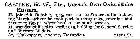 Carter W W Pte Queens Own Oxfordshire Hussars