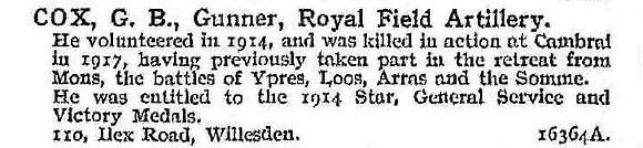 Cox G B Gnr Royal Field Artillery