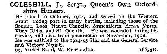 Coleshill J Sergt Queens Own Oxfordshire Hussars