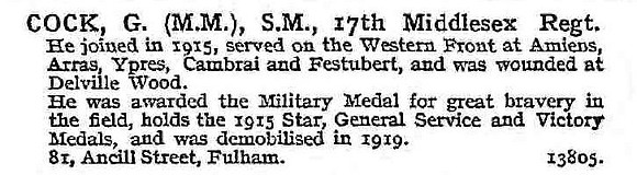 Cock G SM MM 17th Middlesex Regiment