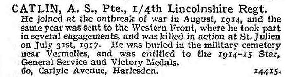 Catlin A S Pte 4th Lincolnshire Regiment