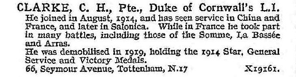 Clarke C H Pte Duke Of Cornwall's Light Infantry