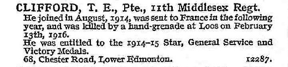 Clifford T E Pte 11th Middlesex Regiment