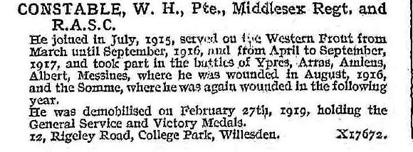 Constable W H Pte Middlesex Regiment And Army Service Corps