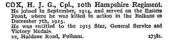 Cox H J G Cpl 10th Hampshire Regiment