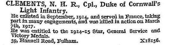 Clements N H R Cpl Duke Of Cornwall's Light Infantry