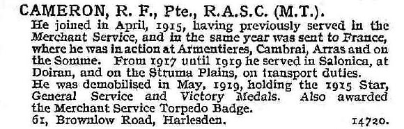 Cameron R F Pte Army Service Corps