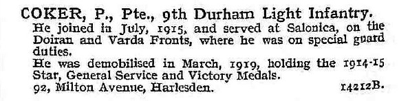 Coker P Pte 9th Durham Light Infantry