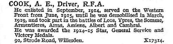 Cook A E Dvr Royal Field Artillery