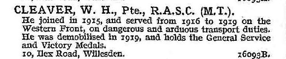 Cleaver W H Pte Army Service Corps